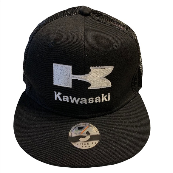 Three In Black Kawasaki Embroidered Trucker Hat Unisex - Picture 1 of 7